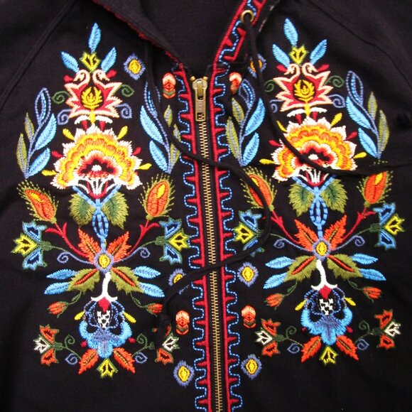 Black Hoodie Full Zip Embroidery Boho Kangaroo Pocket - Picture 9 of 12